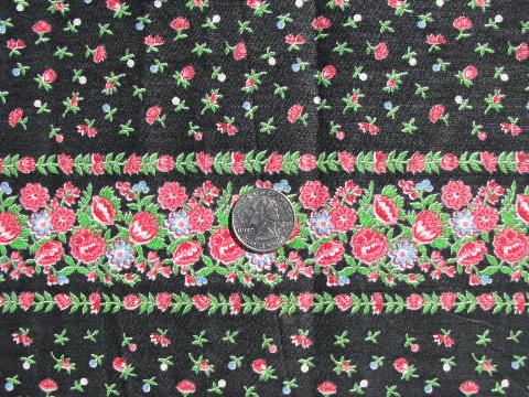 photo of vintage cotton fabric, pink roses on black, border print #1