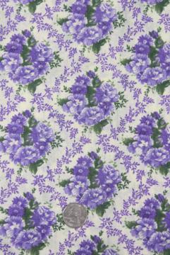 catalog photo of vintage cotton fabric w/ purple flowers print, retro mid-century floral