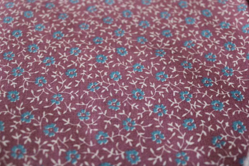 photo of vintage cotton fabric quilting weight floral print deep dusty rose w/ blue #1