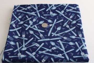 catalog photo of vintage cotton fabric, quilting weight kitchen spoons forks print navy blue