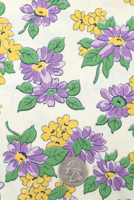 photo of vintage cotton fabric, quilting weight material w/ floral print in lavender & yellow #1