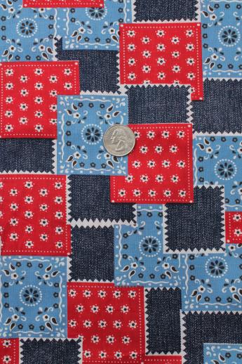 photo of vintage cotton fabric, red, denim blue, chambray bandana print patchwork #1