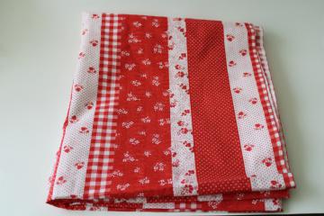 vintage cotton fabric, red & white calico stripe country cottage style flowered print