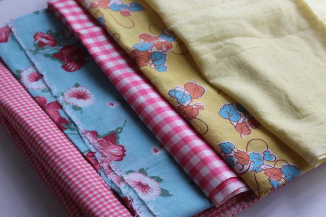 photo of vintage cotton fabric, remnant lot 40s feedsack print, pink gingham, yellow dotted swiss #1