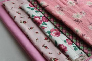 catalog photo of vintage cotton fabric, remnant lot rose prints, pink, floral dotted swiss