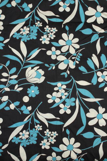 photo of vintage cotton fabric w/ retro flowers print aqua & white on blue black #1