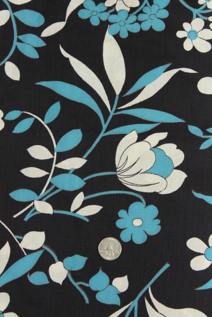 photo of vintage cotton fabric w/ retro flowers print aqua & white on blue black #2