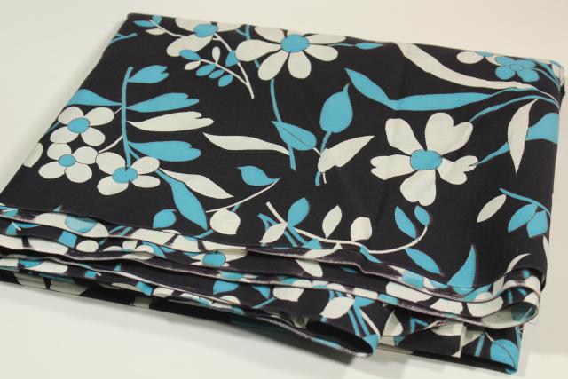 photo of vintage cotton fabric w/ retro flowers print aqua & white on blue black #3