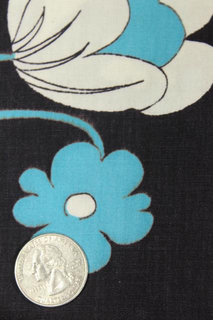 photo of vintage cotton fabric w/ retro flowers print aqua & white on blue black #4