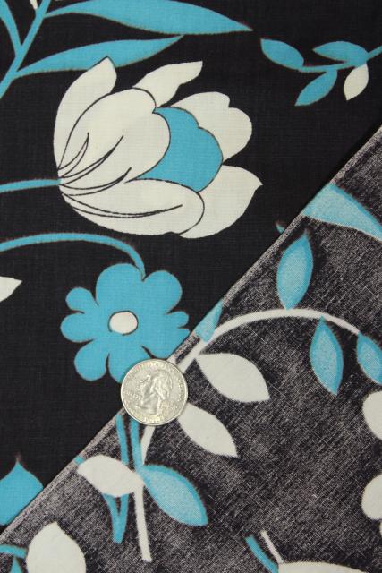 photo of vintage cotton fabric w/ retro flowers print aqua & white on blue black #5