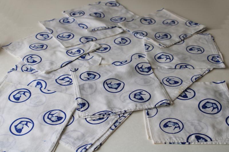 photo of vintage cotton fabric set of 12 cloth napkins koi or carp fish print blue on white #1