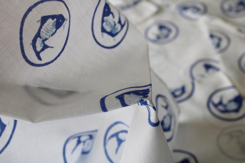 photo of vintage cotton fabric set of 12 cloth napkins koi or carp fish print blue on white #5