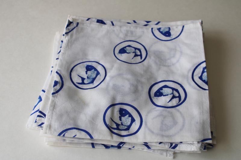 photo of vintage cotton fabric set of 12 cloth napkins koi or carp fish print blue on white #6