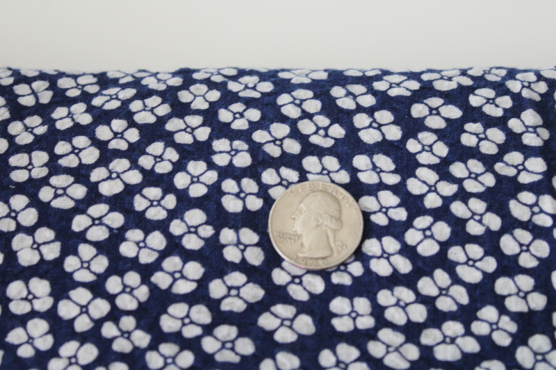 photo of vintage cotton fabric, soft light crinkle texture plisse, summery print navy blue w/ white #3