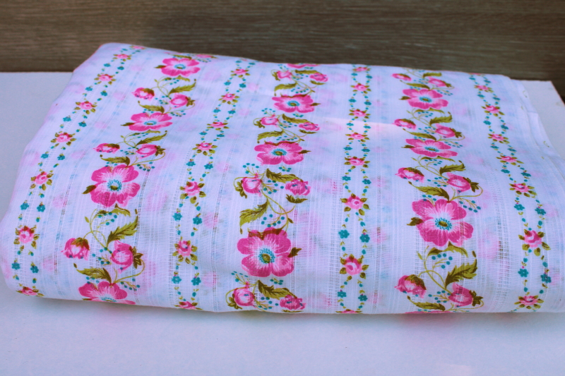 photo of vintage cotton fabric w/ southern dogwood pink floral print, sheer woven stripe voile #1