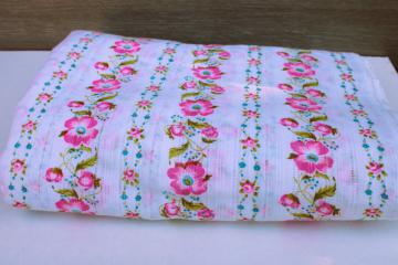 catalog photo of vintage cotton fabric w/ southern dogwood pink floral print, sheer woven stripe voile