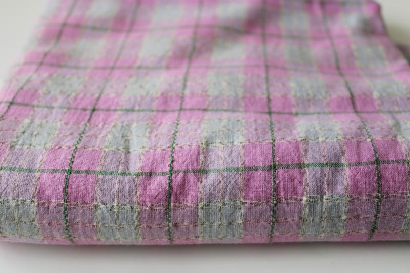 photo of vintage cotton fabric, summer weight airy woven plaid in lilac, grey, army green #1