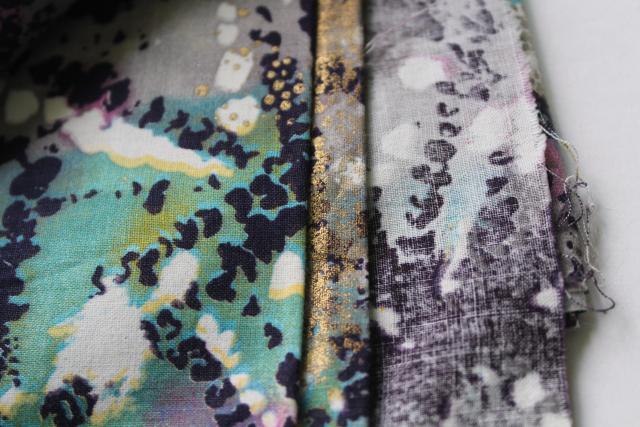 photo of vintage cotton fabric w/ tie dye style print w/ metallic gold airbrush spatter #2