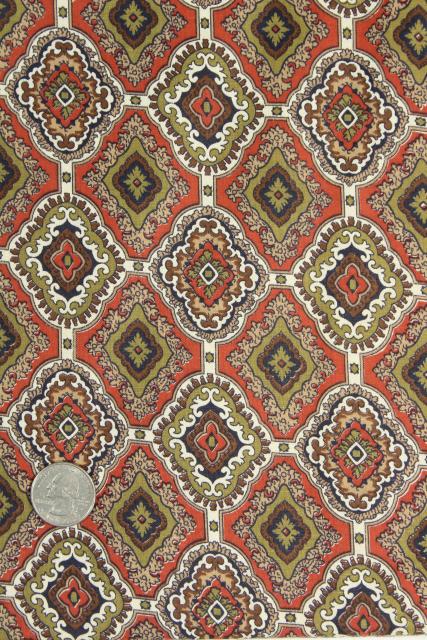 photo of vintage cotton fabric, tile print in terracotta red, olive green, brown #1