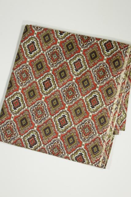 photo of vintage cotton fabric, tile print in terracotta red, olive green, brown #3