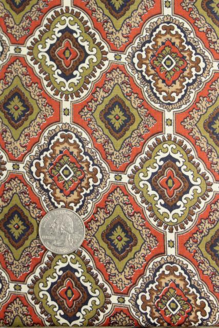 photo of vintage cotton fabric, tile print in terracotta red, olive green, brown #4