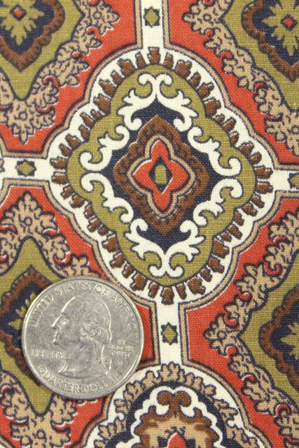 photo of vintage cotton fabric, tile print in terracotta red, olive green, brown #5