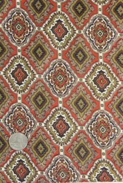 catalog photo of vintage cotton fabric, tile print in terracotta red, olive green, brown