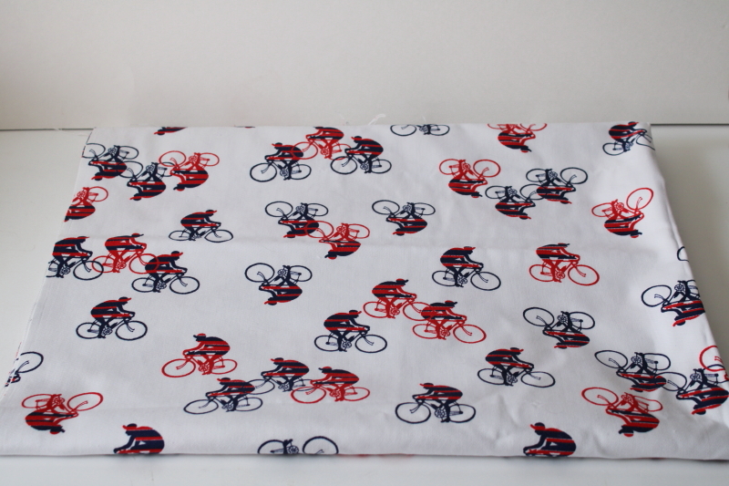photo of vintage cotton fabric w/ Euro mod style bicycle racers red & blue print on white  #1