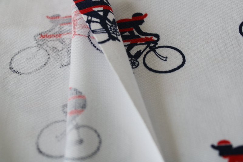 photo of vintage cotton fabric w/ Euro mod style bicycle racers red & blue print on white  #2