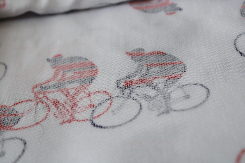photo of vintage cotton fabric w/ Euro mod style bicycle racers red & blue print on white  #3
