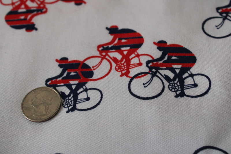 photo of vintage cotton fabric w/ Euro mod style bicycle racers red & blue print on white  #4