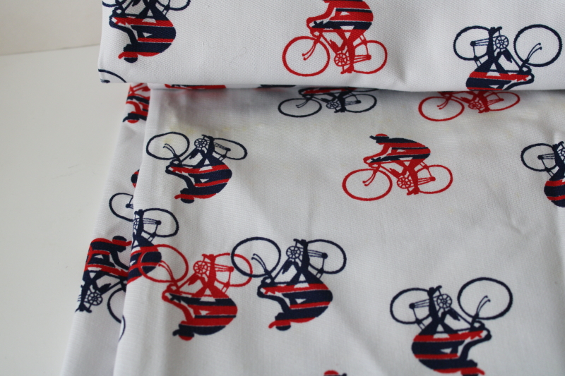 photo of vintage cotton fabric w/ Euro mod style bicycle racers red & blue print on white  #5