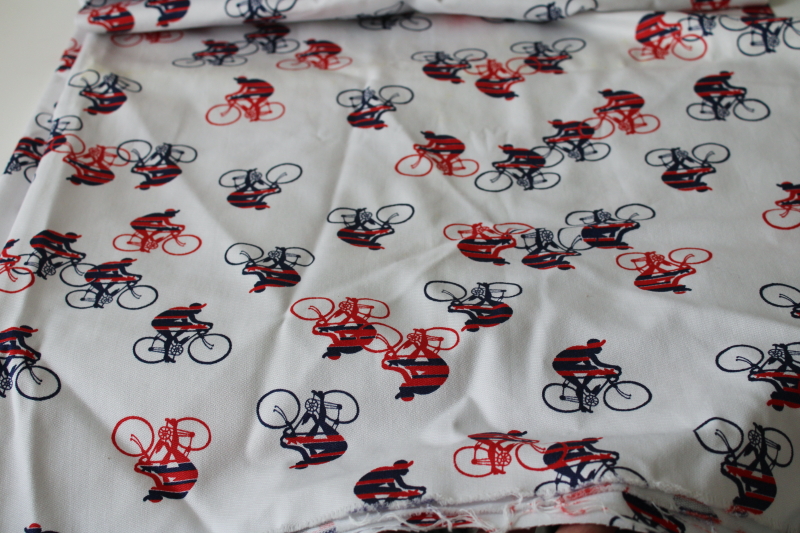 photo of vintage cotton fabric w/ Euro mod style bicycle racers red & blue print on white  #6