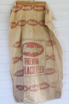 vintage cotton feed sack Doughboy molasses feed farm grain bag, faded worn advertising print 