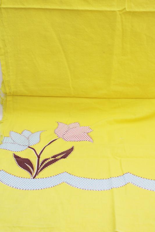 photo of vintage cotton feed sack fabric, 'applique' print, calico tulips on yellow #1