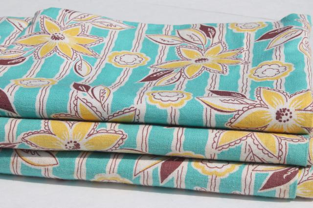 photo of vintage cotton feed sack fabric w/ aqua & yellow flower print, matched sacks lot #1