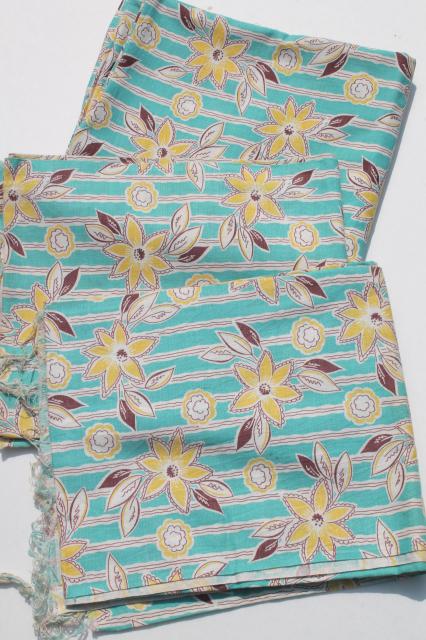 photo of vintage cotton feed sack fabric w/ aqua & yellow flower print, matched sacks lot #2