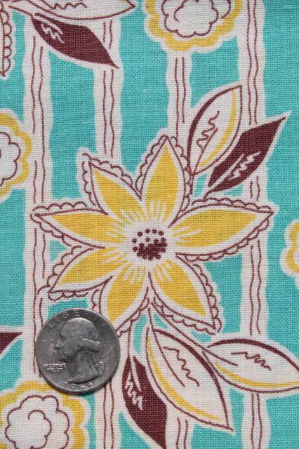 photo of vintage cotton feed sack fabric w/ aqua & yellow flower print, matched sacks lot #3