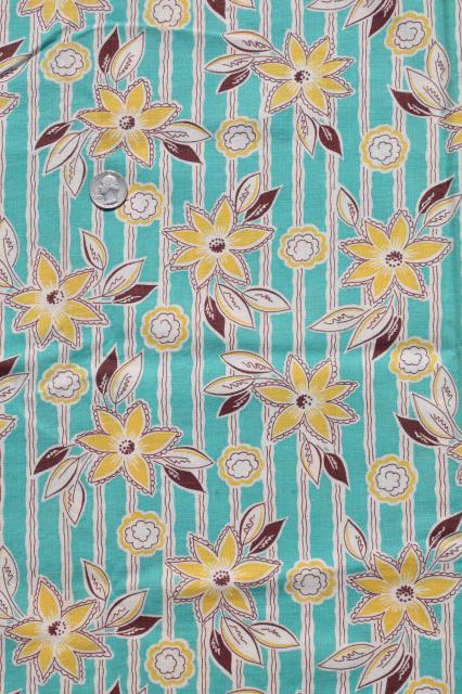 photo of vintage cotton feed sack fabric w/ aqua & yellow flower print, matched sacks lot #4