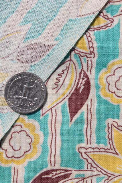 photo of vintage cotton feed sack fabric w/ aqua & yellow flower print, matched sacks lot #6