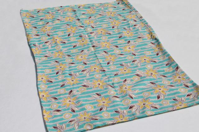 photo of vintage cotton feed sack fabric w/ aqua & yellow flower print, matched sacks lot #7