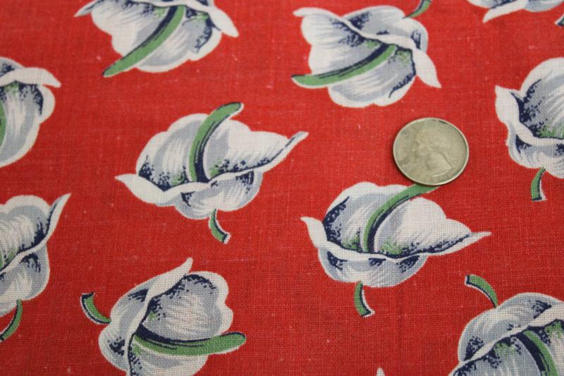 photo of vintage cotton feed sack fabric, art deco floral print grey and red #2