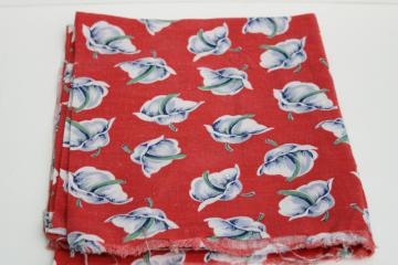 catalog photo of vintage cotton feed sack fabric, art deco floral print grey and red