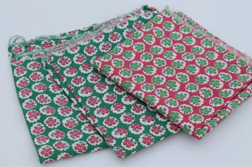 photo of vintage cotton feed sack fabric, barn red & green flowered print cotton sacking  #1