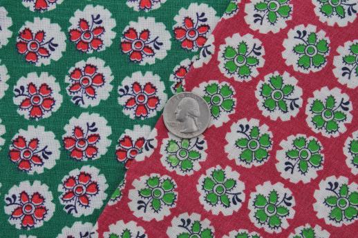 photo of vintage cotton feed sack fabric, barn red & green flowered print cotton sacking  #2