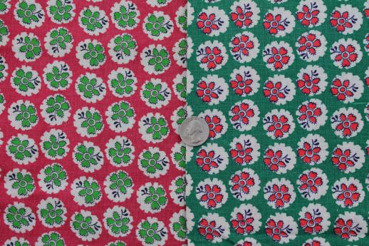 photo of vintage cotton feed sack fabric, barn red & green flowered print cotton sacking  #3