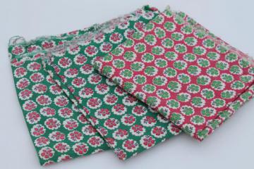 catalog photo of vintage cotton feed sack fabric, barn red & green flowered print cotton sacking 