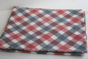 catalog photo of vintage cotton feed sack fabric, barn red & navy blue print plaid