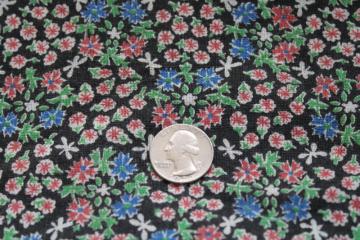 catalog photo of vintage cotton feed sack fabric, coarse homespun weave w/ calico print, flowers on black