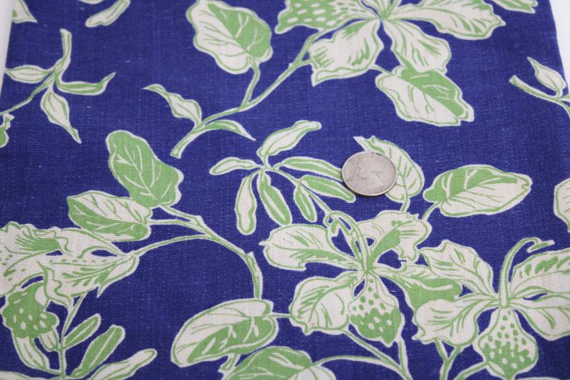 photo of vintage cotton feed sack fabric, deco floral lime green, off white, royal blue #1